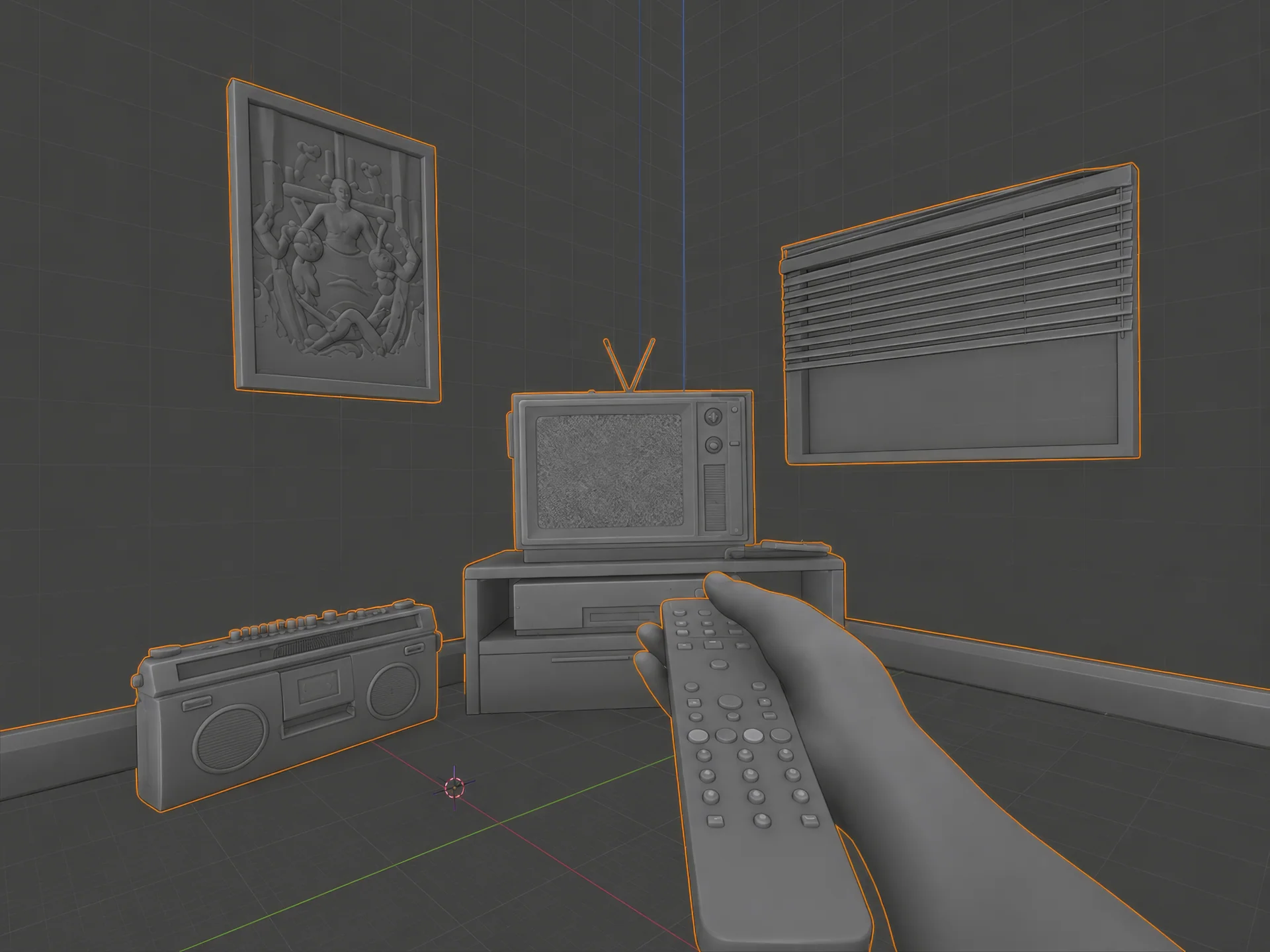 Raw Blender viewport of the MANNEQUIN room scene — clay TV, boombox, and hand holding a remote